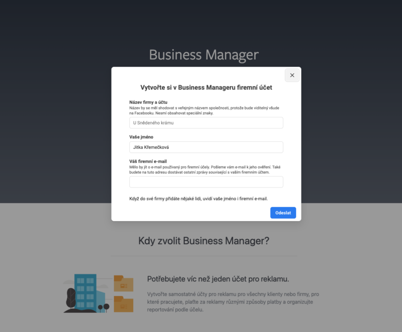 Založení Facebook Business Manager - první krok.