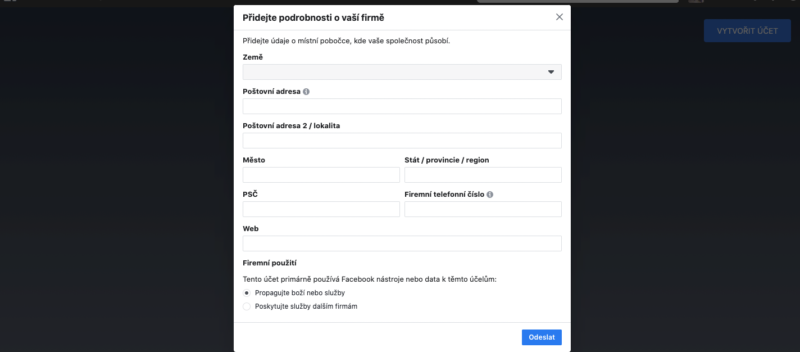 Další krok při zakládání Facebook Business Manager - vyplňování podrobností o firmě.