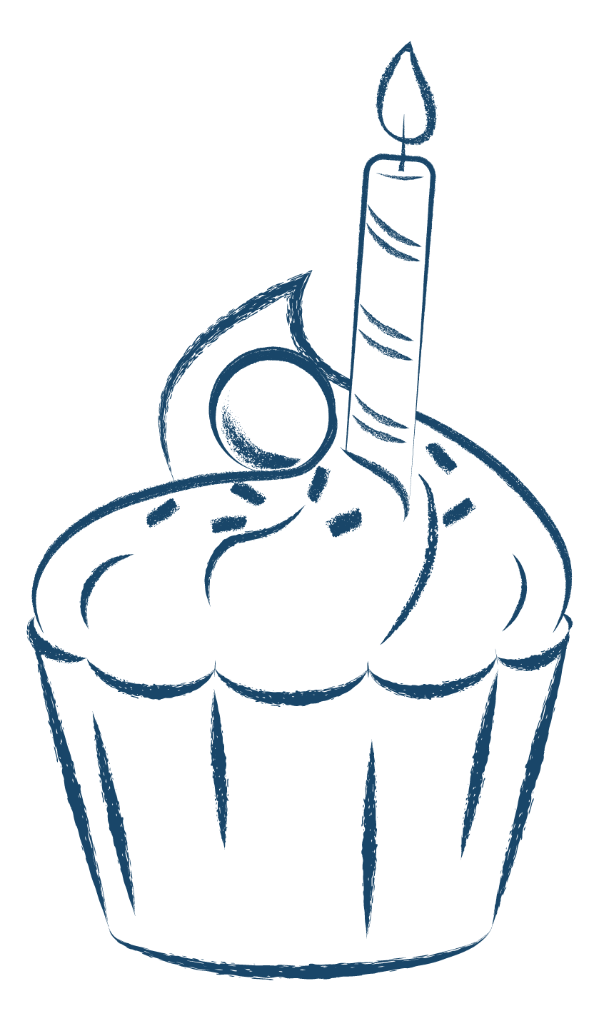 Teambuildingy a narozeniny - kreslený mufffin s narozeninovou svíčkou.